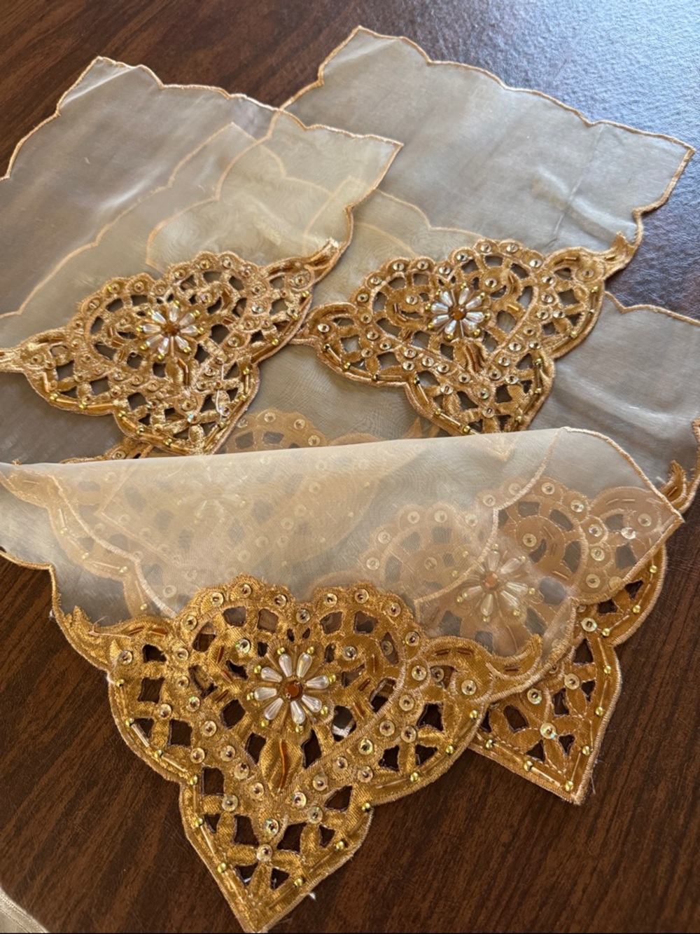 Gold Embroidered Organza Napkins/Dollies - Set of 5
